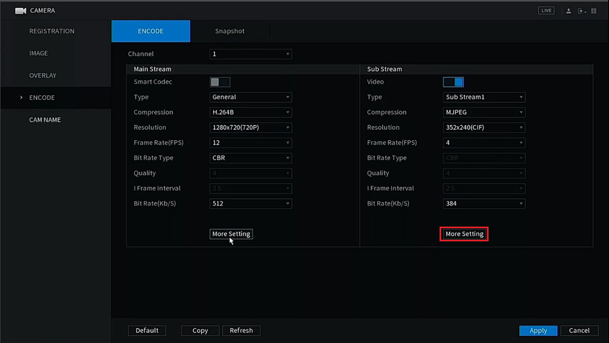 تنظیم ضبط صدا دوربین در دستگاه ضبط داهوا