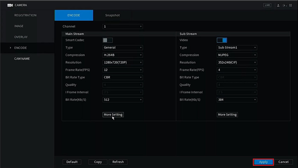 تنظیم ضبط صدا دوربین در دستگاه ضبط داهوا