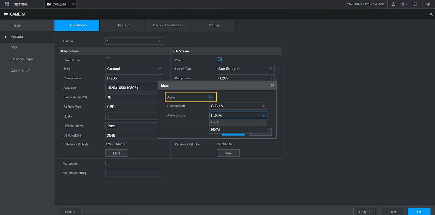 تنظیم ضبط صدا در دوربین مداربسته داهوا