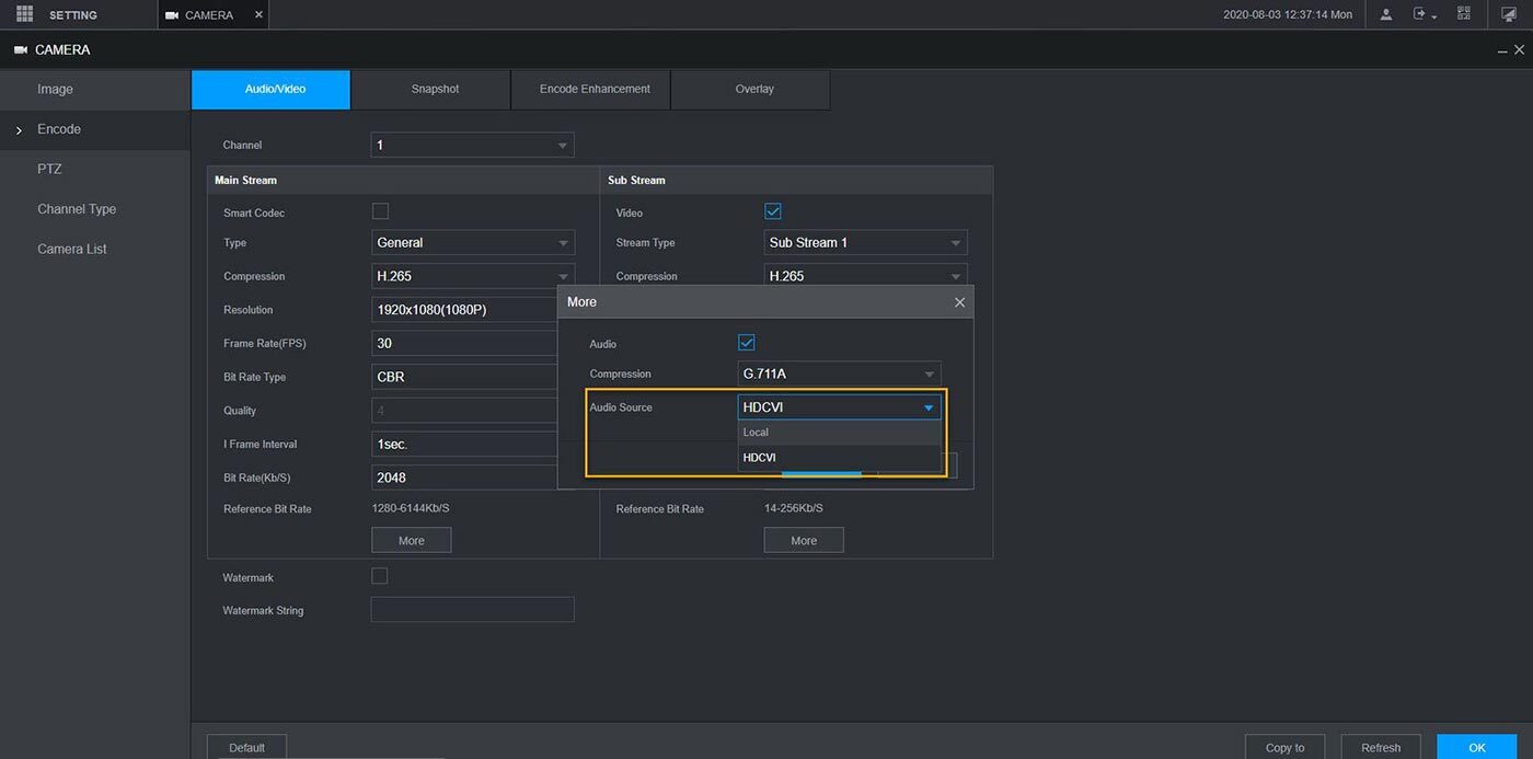 تنظیم ضبط صدا در دوربین مداربسته داهوا