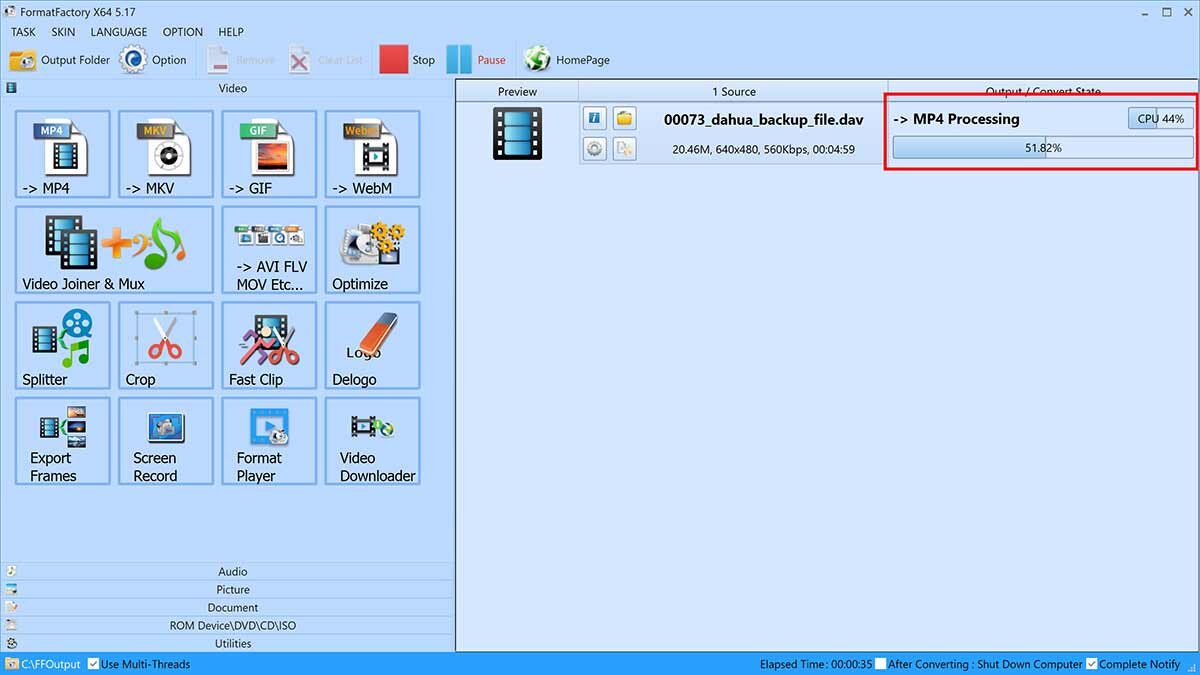 تبدیل فایل dav به mp4 در دی وی ار